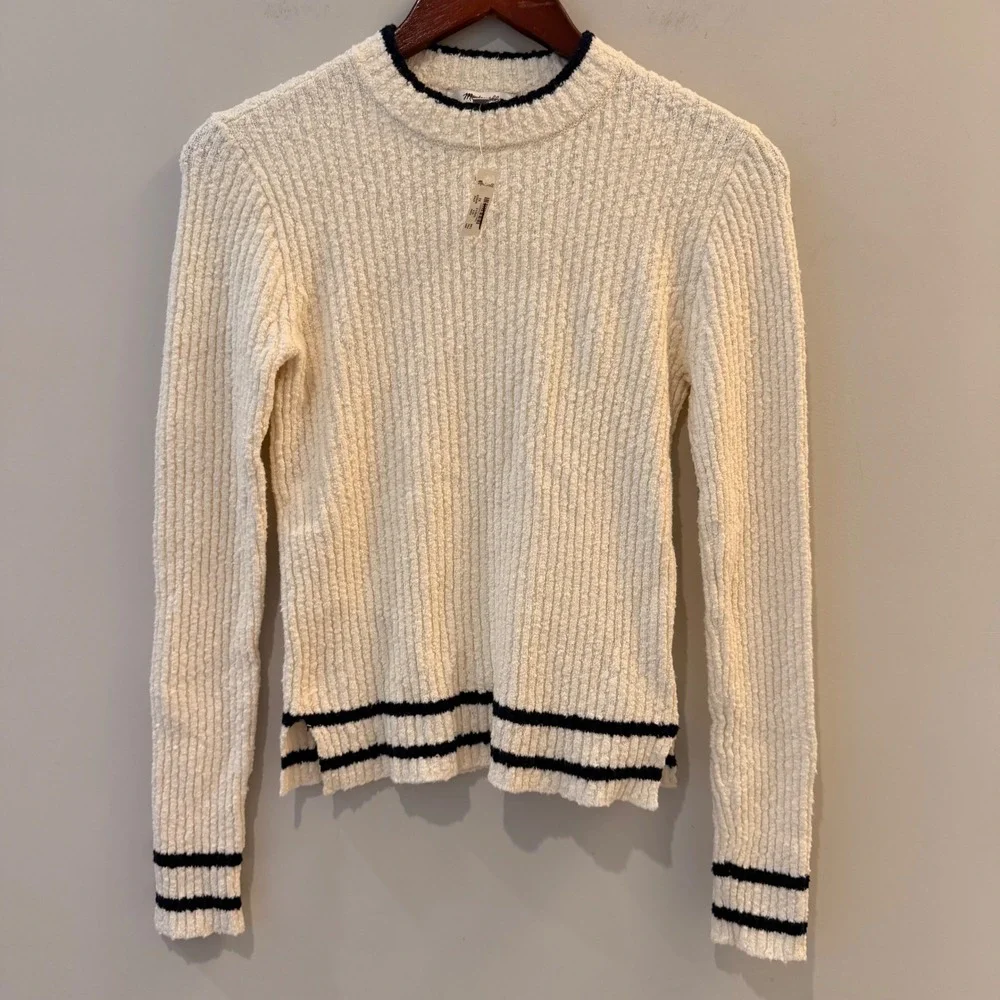 Madewell Boucle Knit Crewneck Sweater Ribbed Striped Cream Navy NY859 XS NWT